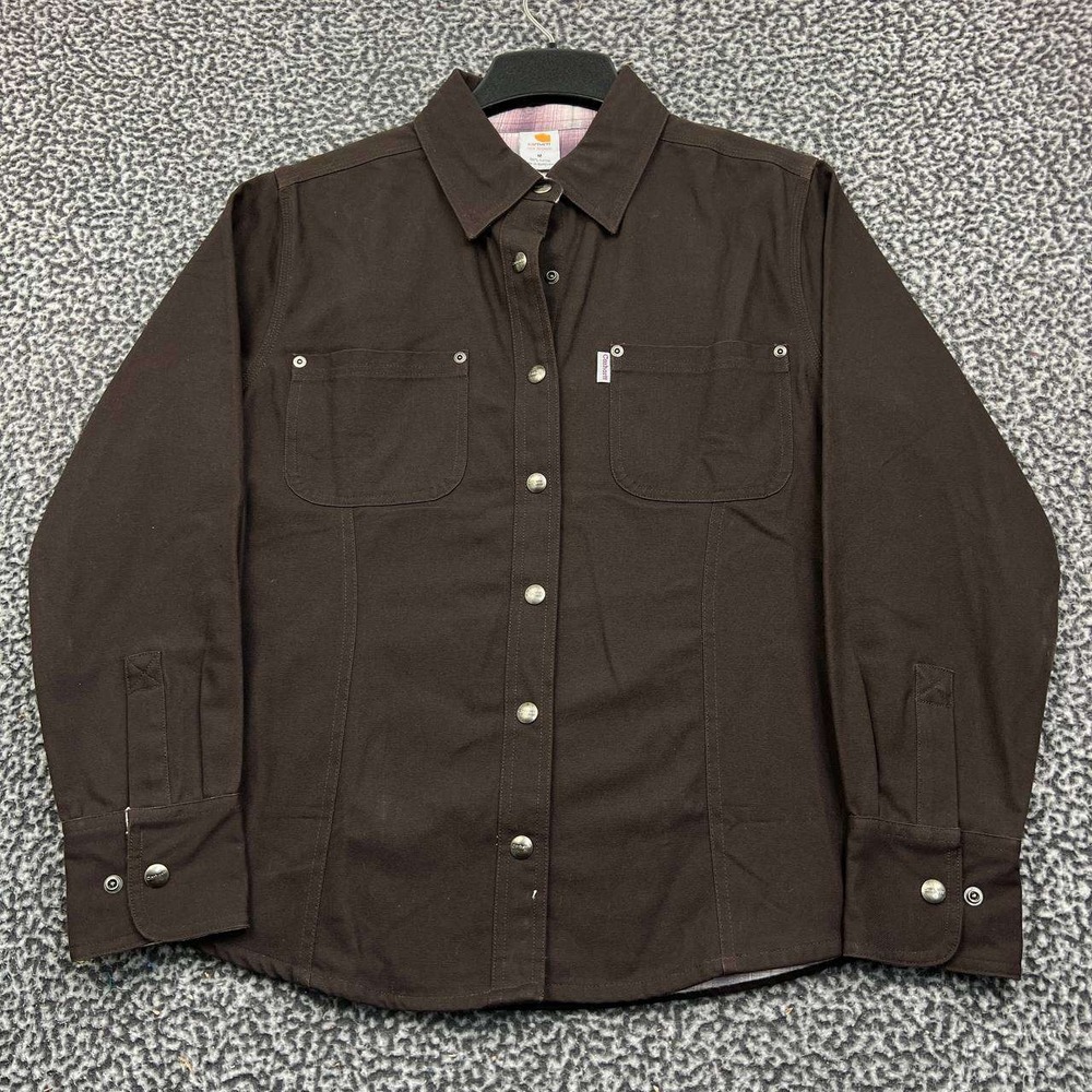 Carhartt Shacket Women Medium Brown Flannel Plaid Long Sleeve Button Up Cotton M